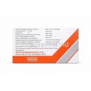 Grafotas 50, Cyclosporine Capsules 50 mg (Intas) Box back view