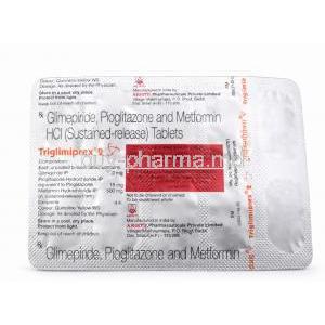 Triglimiprex 2, Glimepiride, Pioglitazone, Metformin Tablets, Blister pack back details