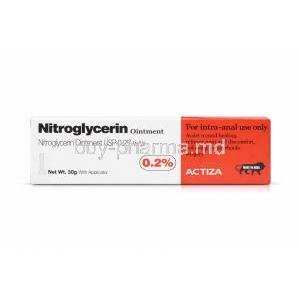 Actiza Nitroglycerin Ointment, Nitroglycerin 0.2%, Ointment 30 g, Actiza, Box front view