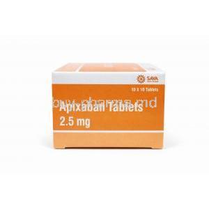 Apixaban 2.5mg 100 Tablets, Eliquis generic (SAVA), Box side view