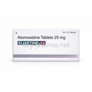 Elixetine-25, Atomoxetine 25 mg, Elkem Healthcare, Box front view