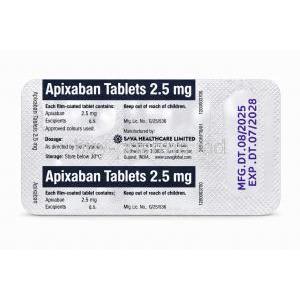 Apixaban Tablets 2.5mg, Blister pack back view