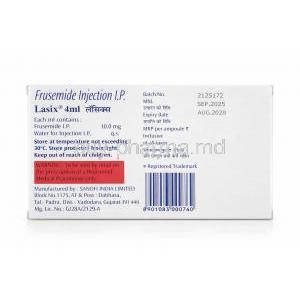 Lasix Injection, Furosemide 10mg, Ampoule 4mL, Sanofi, Box information