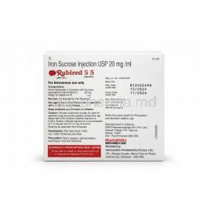 Rubired S 5 Injection, Iron Sucrose 20mg, Ampoule 5 mL, Macleods Pharmaceuticals, Box information
