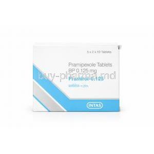 Pramirol-0.125, Pramipexole 0.125 mg, Intas Pharma, Box front view