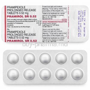 Pramirol-SR 0.52, Pramipexole 0.52mg, Intas Pharma, Blisterpack information