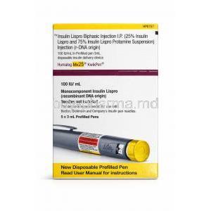 Humalog Mix 25 KwikPen, Insulin Lispro Protamine 100 IU/mL(25/75), Pen Injection 5 X 3mL, Eli Lilly, Box front view