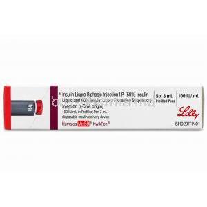 Humalog Mix 50 KwikPen, Insulin Lispro Protamine 100 IU/mL(50/50), Pen Injection 5 X 3mL, Eli Lilly, Box top view