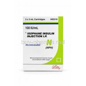 Huminsulin N Injection, Isophane Insulin 100 IU/mL, 5 X 3 mL cartridges Eli Lilly, Box front view
