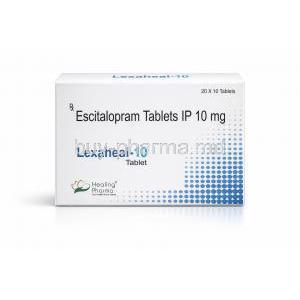 Lexaheal-10, Escitalopram 10 mg, Healing Pharma India Pvt Ltd, Box front view