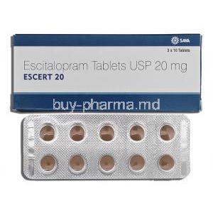 Escert, Escitalopram 20mg Box and Strip