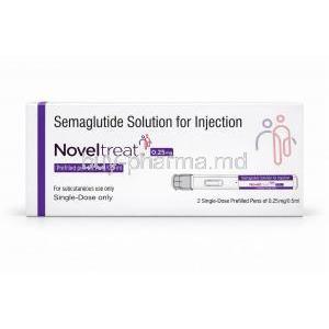 Noveltreat Pen Injection, Semaglutide, 2 single dose prefilled pens of 0.25 mg 0.5mL, Sun Pharma, Box front view