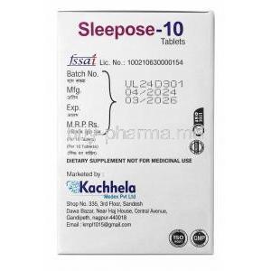Sleepose-10, Melatonin 10 mg, Kachhela Medex, Box information