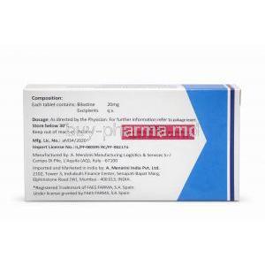 Bilaxten, Bilastine 20 mg, Box back view