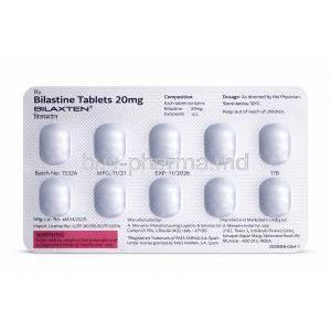 Bilaxten, Bilastine 20 mg, Blister pack (back view)