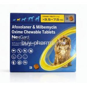 NexGard Spectra for Dogs 19 mg+ 4 mg (3.5-7.5 Kg) 3 tablets, Merial, Box front view