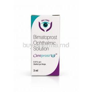 Careprost LS(BKC Free), Bimatoprost  0.01% (0.1mg/mL),Opthalmic Eye Solution 3mL, Sun pharma, Box front view