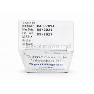 Syntropac Injection, Tetracosactide 250mcg, Ampoule 1mL, Sun Pharma, Box information, Mfg date, Exp date