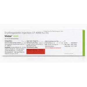 Vintor Injection, Recombinant Human Erythropoietin Alfa 4000 IU, Syringe 1mL, Emcure Pharma, Box information