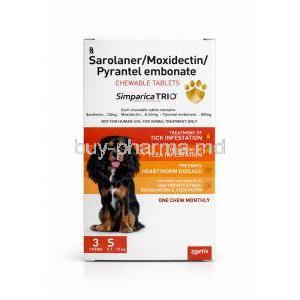 Simparica Trio For Dogs,Pyrantel 50 mg / Sarolaner 12 mg / Moxidectin 0.24 mg For Small Dogs (5.1-10 kg) 3 Chewable tablets, Zoetis, Box front view