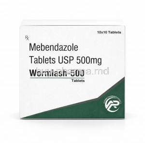 Wormiash 500, Mebendazole 500mg, Asher Pharmaceuticals, Box front view