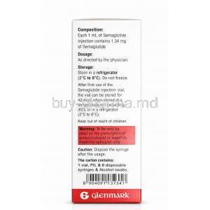 Glipio Injection, Semaglutide 4 mg 3 mL (1.34mgmL), Vial, Glenmark Pharmaceuticals, Box information, Warning
