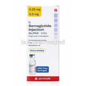 Glipio Injection, 2 mg 1.5 mL (1.34mgmL), Vial, Glenmark Pharmaceuticals, Box front view