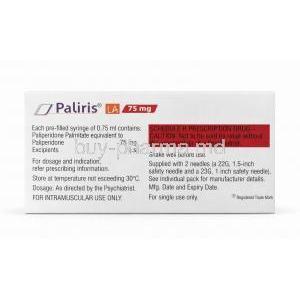 Paliris LA Injection, Paliperidone 75 mg,Prefilled syringe 0.75 mL,Sun Pharma, Box information