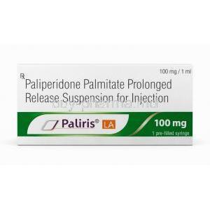 Paliris LA Injection, Paliperidone 100 mg,Prefilled syringe 1 mL,Sun Pharma, Box front view