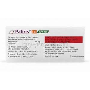 Paliris LA Injection, Paliperidone 100 mg,Prefilled syringe 1 mL,Sun Pharma, Box information