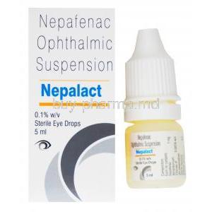 Nepalact Eye Drop, Nepafenac Ophthalmic suspension, 0.1% w/v sterile eye drops 5ml, box and bottle presentation.