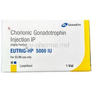 Eutrig Hp Injection, Chorionic Gonadotrophin 5000 IU, Vial, Samarth Life Sciences Pvt Ltd, Box front view