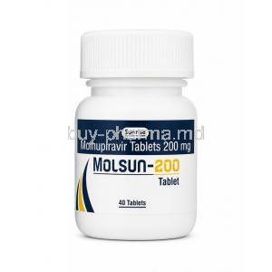 Molsun, Molnupiravir 200 mg, 40 tablets, Sunrise Remedies, Bottle front view