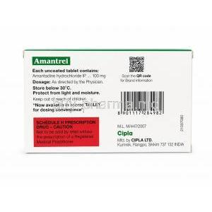 Amantrel, Amantadine 100mg, Tablet, Box information, Dosage, Storage, Manufacturer