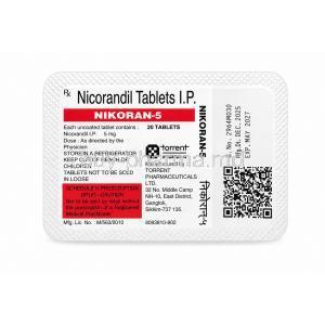 Nikoran 5, Nicorandil 5 mg, 20 tablets,Torrent Pharmaceuticals Ltd, Bottle package back view