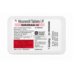 Nikoran 10, Nicorandil 10 mg, 20 tablets,Torrent Pharmaceuticals Ltd, Bottle package back view