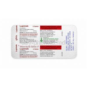 Lupimeb, Mebendazole 100mg, Blister pack back view