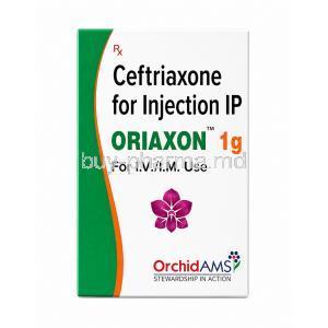 Oriaxon Injection, Ceftriaxone 1g, Orchid AMS, Box front view