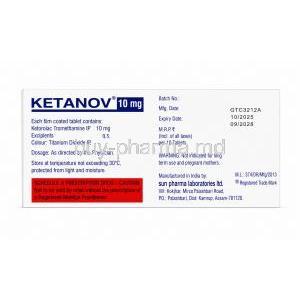 Ketanov, Ketorolac 10mg, Sun Pharma, Box information