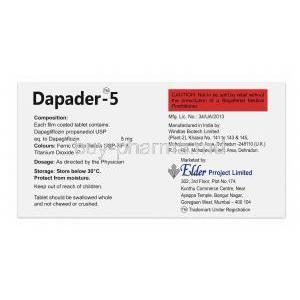 Dapader 5, Dapagliflozin 5mg, 14 tablets, Elder Project Ltd, Box information, Dosage, Storage