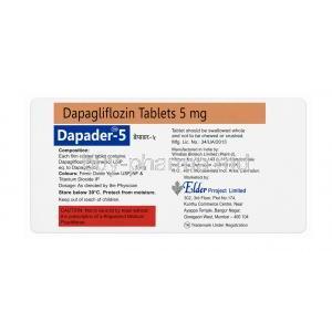 Dapader 5, Dapagliflozin 5mg, 14 tablets, Elder Project Ltd, Blisterpack information