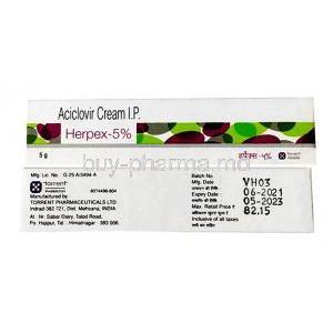 Herpex cream, Aciclovir 5%, Cream I.P, 5g, Torrent Pharmaceuticals Ltd, Box information