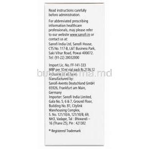 Lantus Solution for Injection, Insulin Glargine(Monocomponent Insulin Glargine r-DNA Origin) 100 IU per mL, Vial 10 mL, Sanofi India, Box information, Manufacturer