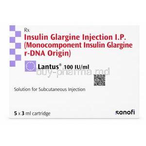 Lantus Solution for Injection, Insulin Glargine(Monocomponent Insulin Glargine r-DNA Origin) 100 IU per mL, Cartridge 3 mL, Sanofi India, Box front view