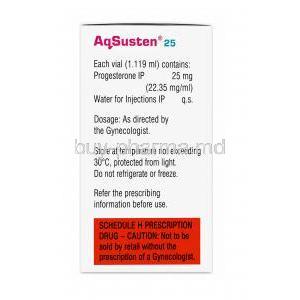 Aqsusten Injection, Progesterone 25mg, Vial 1.119mL,Sun Pharma, Box information, Caution