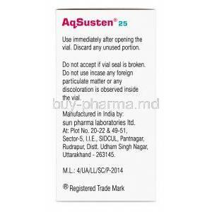 Aqsusten Injection, Progesterone 25mg, Vial 1.119mL,Sun Pharma, Box information, Manufacturer