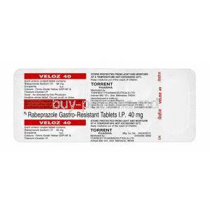 Veloz 40, Rabeprazole 40 mg, Torrent Pharma, Blisterpack information