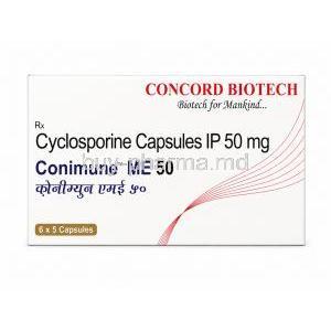 Conimune ME 50, Cyclosporine 50 mg, Capsule, Concord Biotech Ltd, Box front view