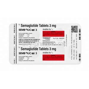 Sembolic, Semaglutide 3 mg, Torrent Pharmaceuticals Ltd, Blister Strip Back View