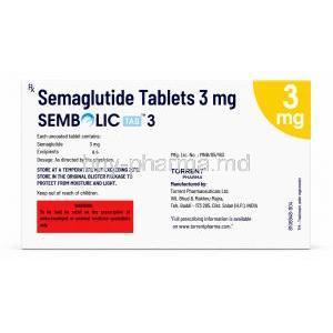 Sembolic tab 3, Semaglutide 3mg, Torrent Pharmaceuticals Ltd, Box back view